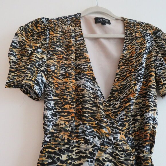 SALONI Lea 100% Silk Crepe Mini Wrap Dress in Ink Tiger Print - Size US 4 - Picture 11 of 16